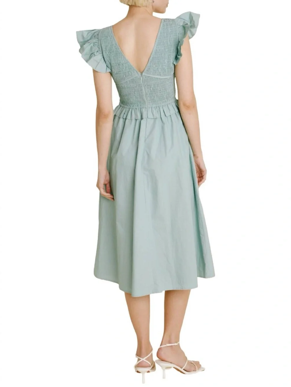 Aureum Robin Smocked Flutter Sleeve Midi Dress in Sage Small NWT - Picture 3 of 16